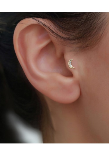 14 Ayar Altın Taşlı Hilal Tragus Piercing Sarı Altın