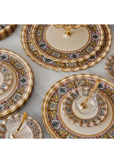 Glore Gisele Altın Yaldızlı Cam 28 Parça Çay İkram Takımı Full Set Renkli