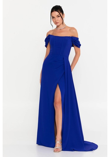 Doridorca Kadın Straplez Korseli Kol Detaylı Derin Yırtmaçlı Uzun Abiye Elbise 5136 Saks Saks