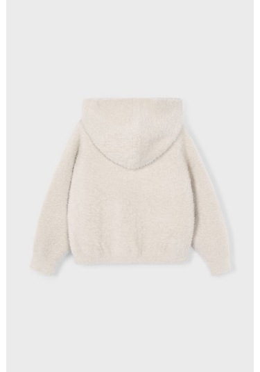 Kız Çocuk Kapüşonlu Cepli Pelüş Hırka - Ekru Gri