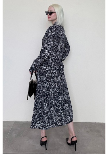 Madmext Siyah Uzun Kollu Düğmeli Desenli Elbise Mg2431 Siyah