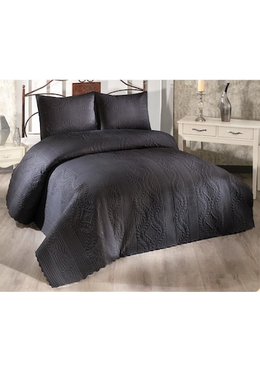 Ultrasonik Kapitoneli Sena Çift Kişilik Yatak Örtüsü Siyah Siyah