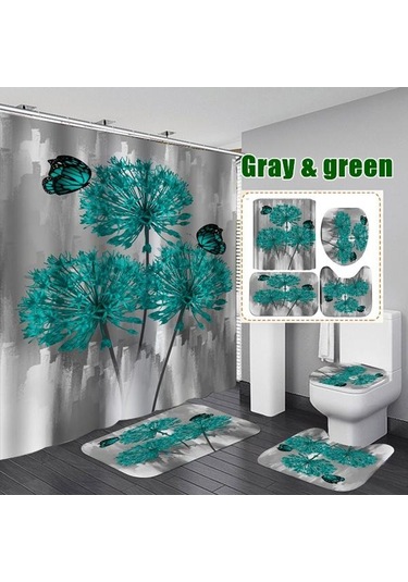 Gri&yeşil Çiçek Açan Çiçekler Gül Kelebek Duş Perdesi Seti Su Geçirmez Banyo Klozet Kapağı Banyo Kaymaz Mat Halı Halı Banyo Dekor 4 A Gri - Yeşil