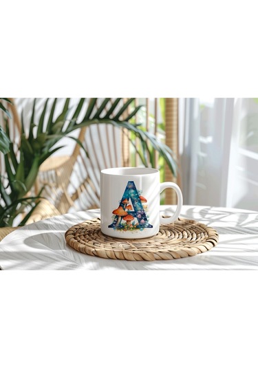 A Baş Harfi Fantastik Mantarlı Kupa Bardak - Kişiye Özel Masalsı Bardak - Hediye Beyaz