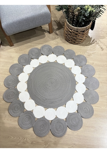Mavaux Hasır Jüt Çiçek Desenli Kilim Halı Gri - Beyaz
