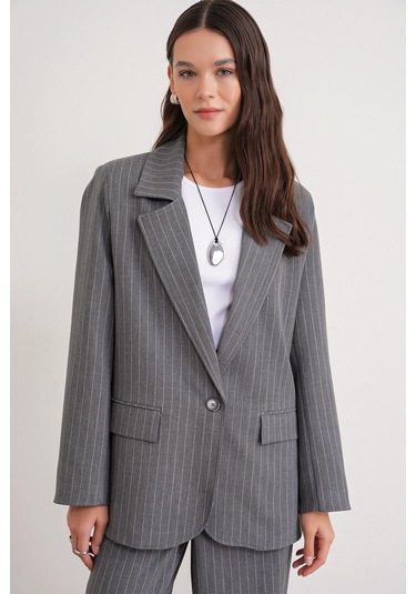 4753 Kadın Çizgili Oversize Blazer Ceket Gri Gri