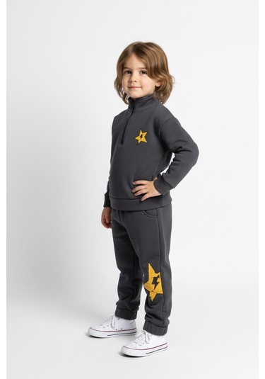 Fermuar Detaylı Şimşek Baskılı 2 Li Takım Antrasit