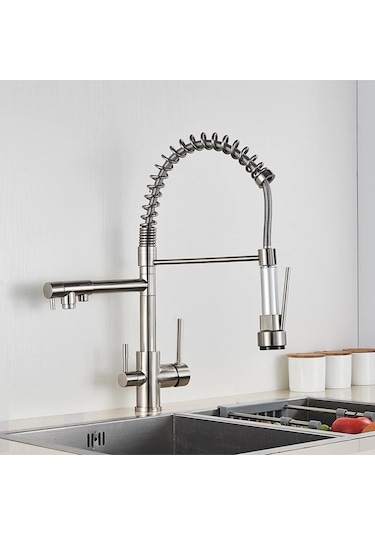 Mutfak Eviye Bataryası Dual Flow Su Arıtma Çıkışlı Spiralli Ve Fiskiyeli Nikel.