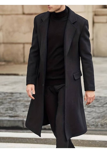 Erkek Siyah Dar Kesim Uzun Yün Karışımlı Kaşe Kaban Siyah