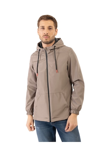 Erkek Vizon İçi Astarlı Kanguru Cepli Su Ve Rüzgar Geçirmez Kapüşonlu Cepli Yağmurluk Vizon