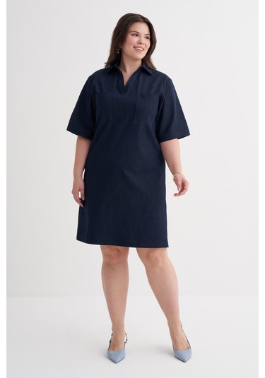 Kısa Kollu Cepli Denim Elbise-6244 Mavi