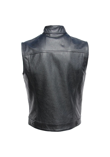 Hakiki Deri Motorcu Tarzı Yelek Siyah Renk Cepleri Fermuarlı