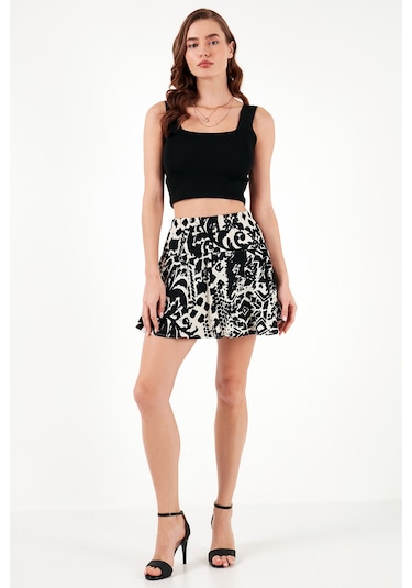 Lela Desenli Slim Fit Mini Bayan Şort Etek 5869020 Siyah