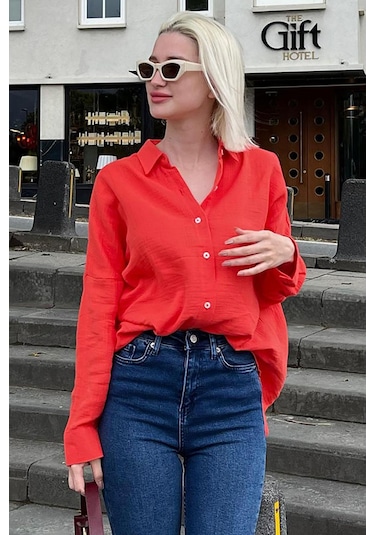 Madmext Kırmızı Muslin Kumaş Basic Kadın Gömlek Mg1660-kırmızı Kırmızı