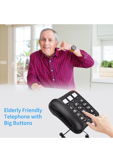 Lemestar Yaşlı Dost Büyük Tuşlu Telefon - Yüksek Sesli, Pilsiz Duvar Takımı Ofis Ev Telefonu Siyah, İngiltere Uygun Değil