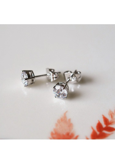 Gümüş Renk Tektaş Küpe 6 Mm Zirkon Taşlı Rodyumlu Gri