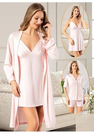 Xses 5025 Kadın Pudra Penye 4'lü Şortlu Sabahlık Gecelik Takım Pudra