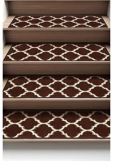 Dikdörtgen Dokuma Merdiven Halısı Kendinden Yapışkanlı Koyu Kahve Bej