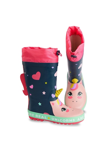 Denokids Kalpli Unicorn Kız Çocuk Lacivert Pembe Yağmur Botu Lacivert - Pembe