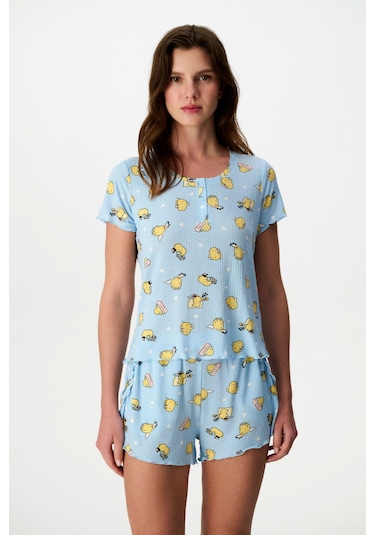 Penti Açık Mavi Happine Rib Şortlu Pijama Takımı Açık Mavi