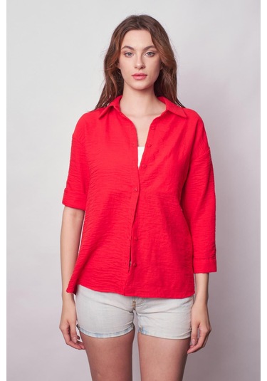 Kadın Keten Düşük Omuzlu Yakalı Kapri Kol Apoletli Gömlek -Koyu Mercan K.Mercan