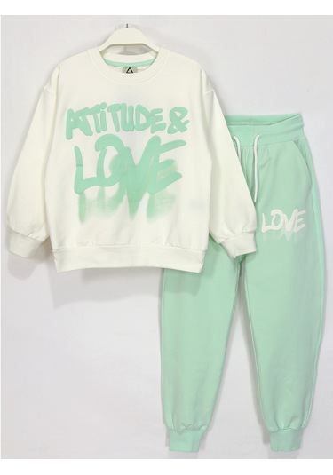 Attitude & Love Kabartma Baskılı Kız Çocuk Eşofman Takımı 2027 Yeşil