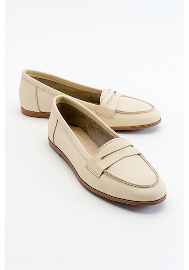 F02 Ekru Bej Cilt Hakiki Deri Kadın Babet Bej - Ekru