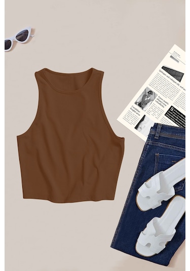 Merry See Tek Renk 1 Adet Kadın Kolsuz Örme Kumaş Bluz Crop Kahverengi