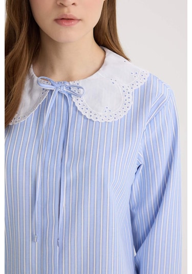 DeFacto Regular Fit Geniş Yakalı Çizgili Poplin Uzun Kollu Gömlek Tunik E4354AX25SPBE40 Mavi
