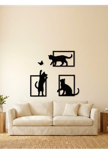 3 Parça Dekoratif Kedi Ve Kelebek Temalı Duvar Dekoru - Modern Tasarım