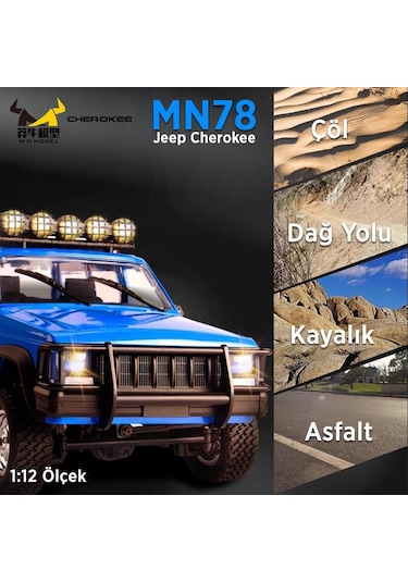 Mn Model Mn78 1/12 Jeep Cherokee 4x4 Rc Model Crawler Offroad Truck Uzaktan Kumandalı Araba Rtr Mavi+dahili Işık Seti