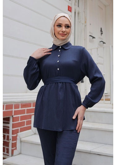 Taş Düğme Detaylı Takım Lacivert Lacivert