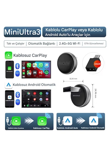Mini 5.0 Ultra3 Kablosuz Carplay & Android Auto Adaptörü Dual Wifi Bt5.4 Otomatik Bağlantı Yeni Seri Diğer