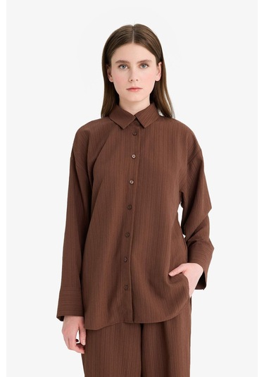 DeFacto Relax Fit 2'li Takım Gofre Dokulu Uzun Kollu Gömlek Pantolon F4094AX25SMBN320