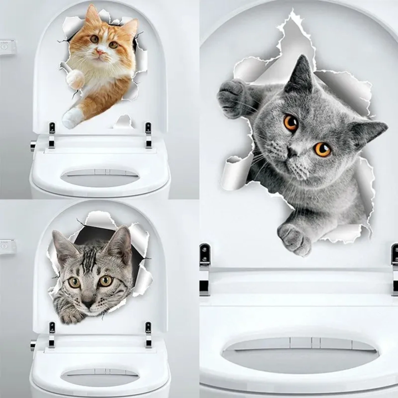 Yaleker Banyo Tuvaleti Koltuğu Dekoratif Sticker - Kedi Desenli, Su Geçirmez, Leke Dayanıklı, Kalıcı Pvc Materyal Gri