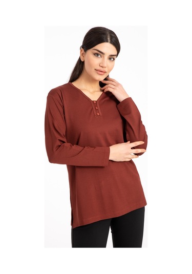 Kadın Orta Yaş ve Üzeri Dört Mevsim V Yaka Rahat Kalıp Likralı Viskoz Anne Penye Bluz 140-Taba