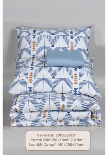 Elart Marcus Nevresim Takımı Çift Kişilik %100 Pamuk Ranforce Lastikli Çarşaf 200x220 Cm Mavi MAVI