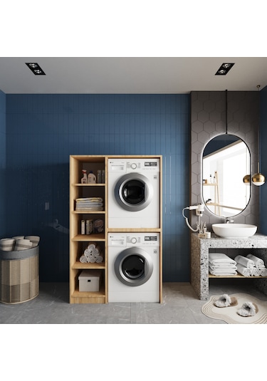 Almera Çamaşır Ve Kurutma Makinesi Dolabı Banyo Dolabı Meşe Beyaz Beyaz - Meşe