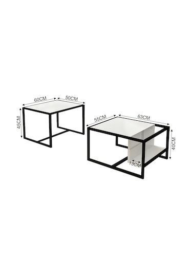 Batı 2 Li Modern Orta Sehpa Takımı Metal Ayaklı, Alt Raflı Beyaz