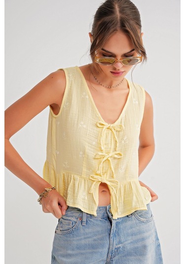 4724 Kadın Çicek Desenli Bağlamalı Müslin Bluz Sarı Sari
