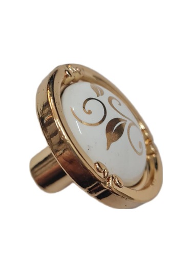 Porselen Düğme Kulp Metal Gold Beyaz Desenli / 5 Adet Altın