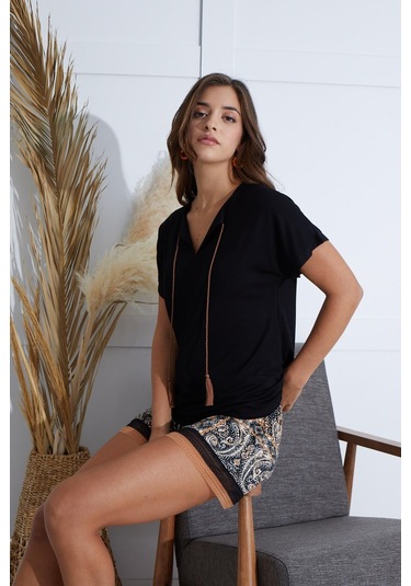 Kadın Kısa Kol Siyah Şort Takım C8t7n651 001