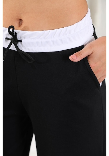 Kallima Siyah Beyaz Kemerli Mevsimlik Bol Paça Kadın Eşofman Altı Siyah