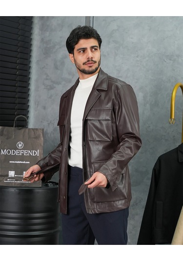 Modefendi Torba Cep Kemer Detaylı Deri Mont Kahverengi