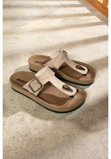 Günlük Kadın Erkek Yetişkin Mantar Taban Desenli Tokalı Ayarlanabilir Parmak Arası Terlik 34158 - 77 Bej