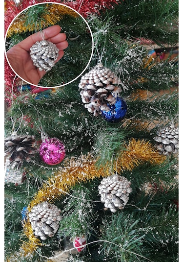 6 Adet Yılbaşı Çam Ağacı Gümüş Kozalak Süs Yeni Yıl Çam Ağacı