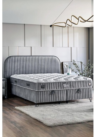 Line Visco Lüks Yatak Baza Ve Başlık Seti 200x200 Cm Çift Kişilik Yatak Baza Başlık Takımı Koyu Gri