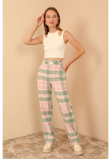 Saklımoda Ekose Kumaş Rahat Kalıp Kadın Pantolon-pembe Çok Renkli