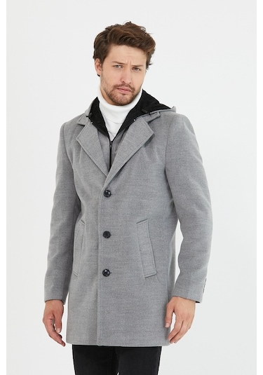 Erkek Açık Gri Yün Karışımlı Kaşe Kapüşonlu Önü Fermuarlı Kaban-Açık Gri