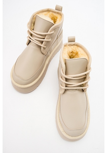 Luvishoes Ovela Bej Cilt Kalın Taban Bağcıklı Kadın Spor Bot Bej